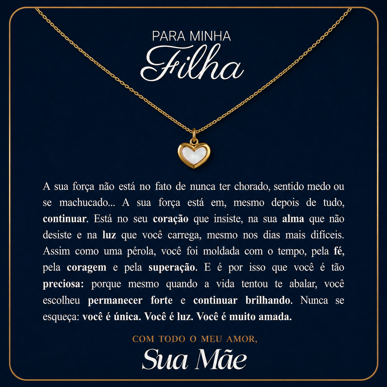 Para Minha Forte Filha - Colar Coração Pérola Banhado a Ouro 18k