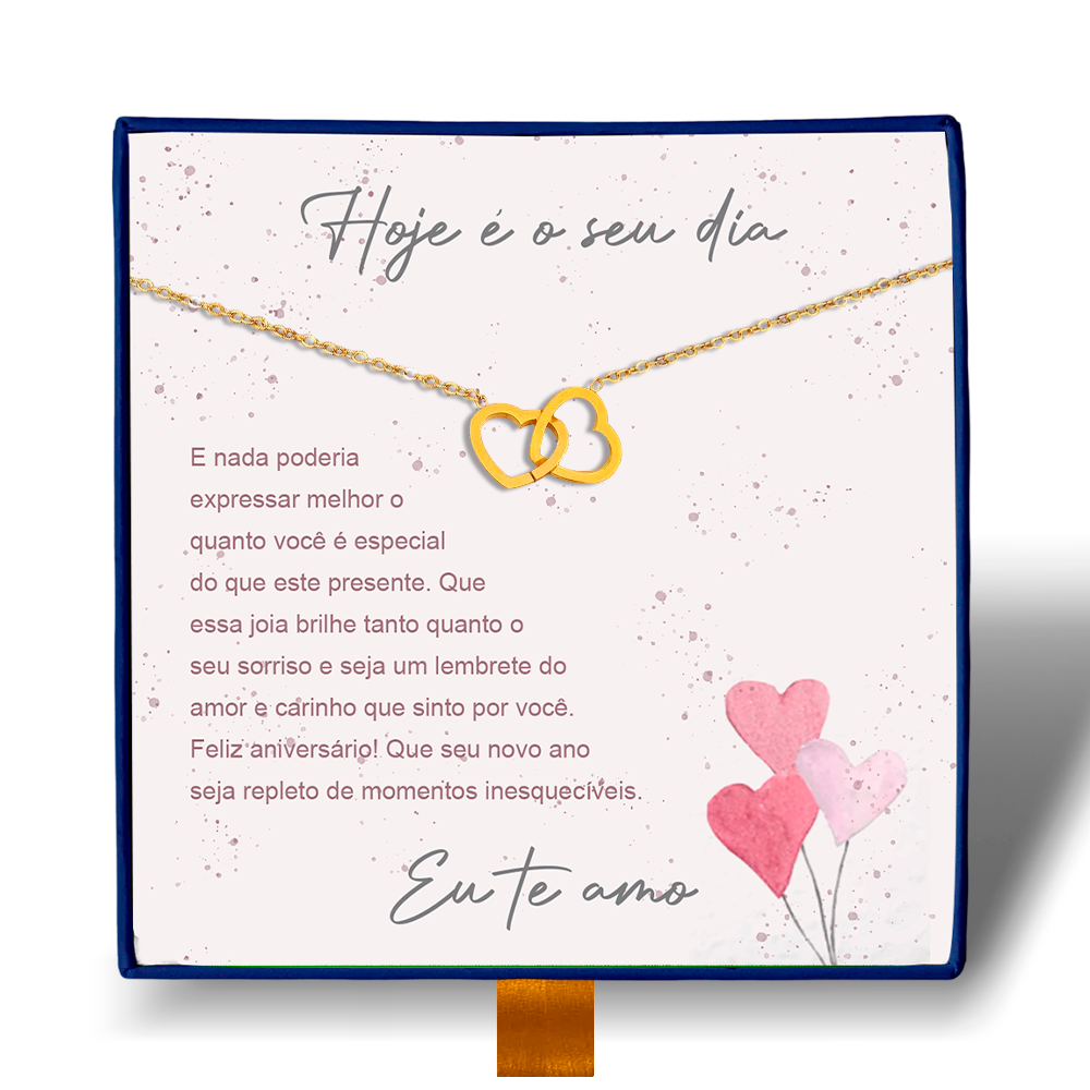 Hoje é o Seu Dia - Colar Duplo Coração Entrelaçados Banhado a Ouro 18k