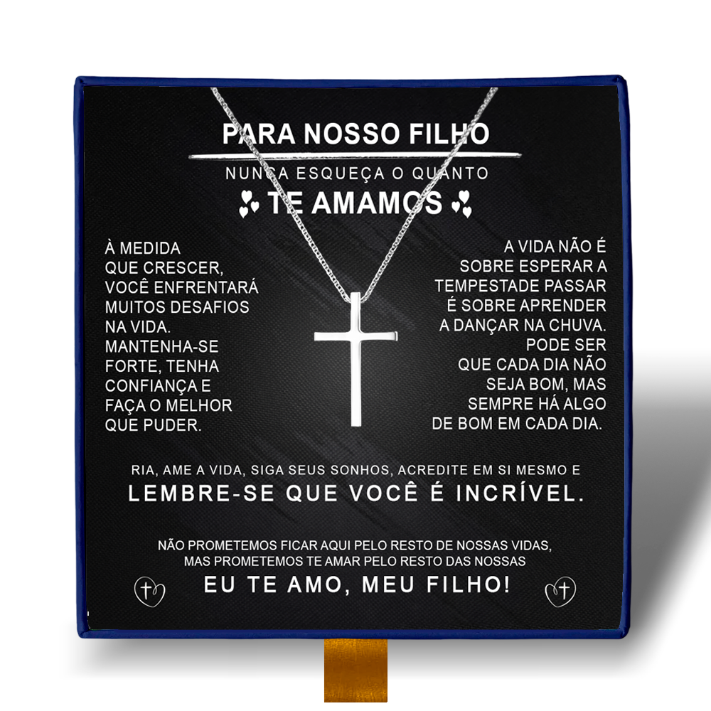 Para Nosso Filho- Colar Cruz Banhado a Ouro Branco 18k