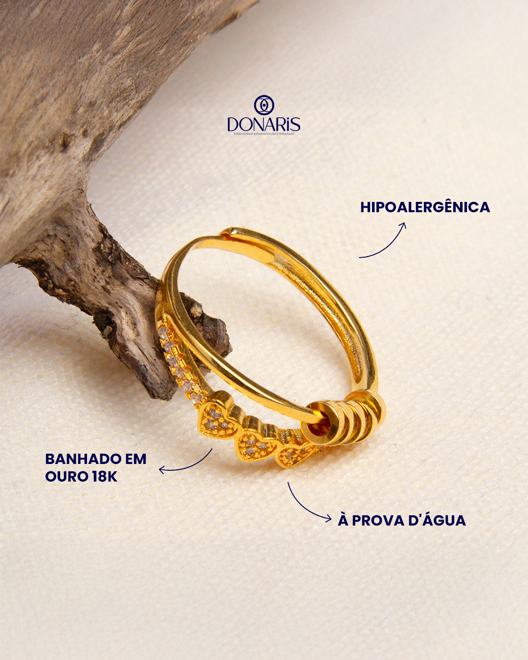 Anel Anti Ansiedade Três Corações Banhado a Ouro 18k