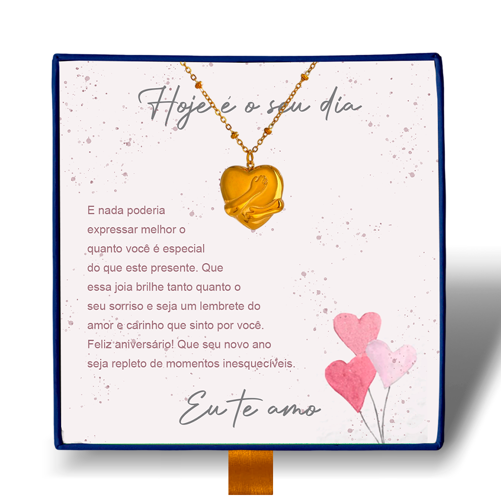 Hoje é o Seu Dia - Colar Coração Abraçado Banhado a Ouro 18k