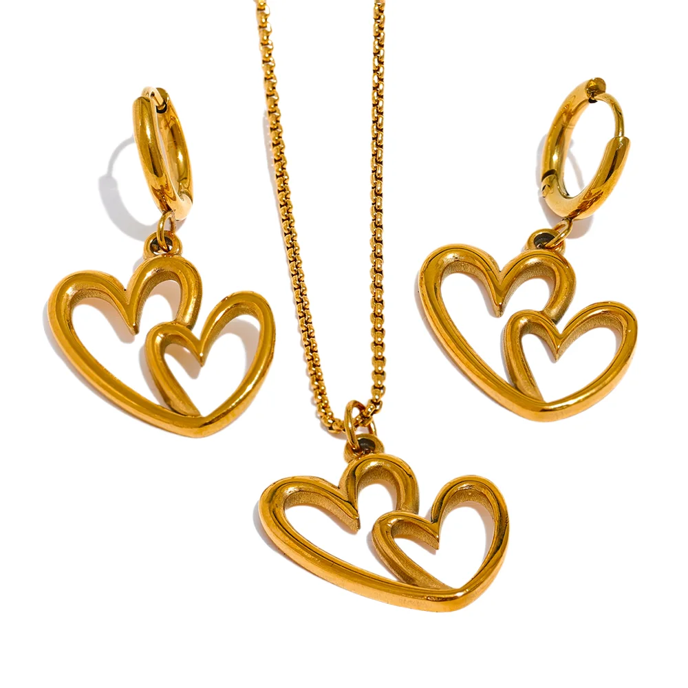 Conjunto De Joias Duplo Coração Banhado em Ouro 18k (Colar, Brinco)