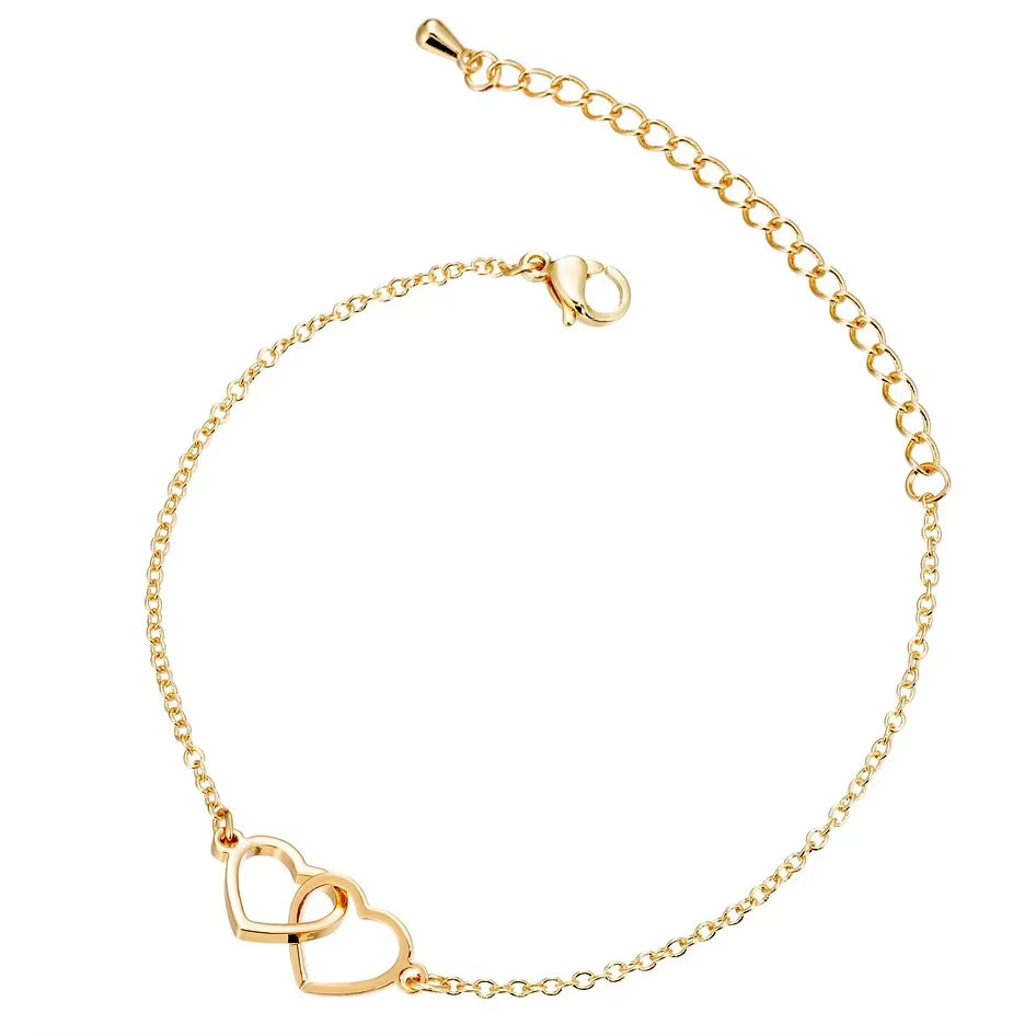 Pulseira Duplo Coração Entrelaçados Banhado a Ouro 18k