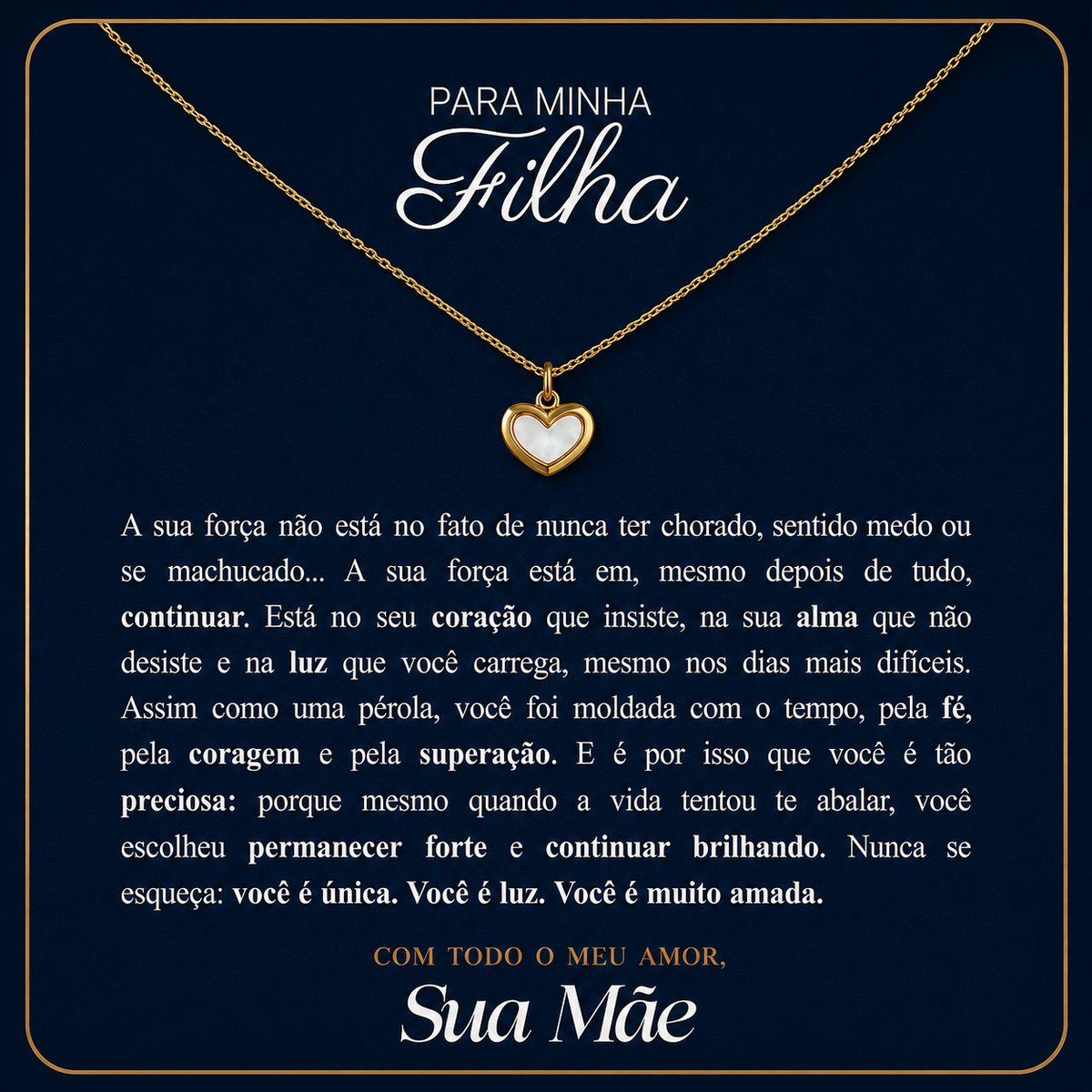 Para Minha Forte Filha - Colar Coração Pérola Banhado a Ouro 18k