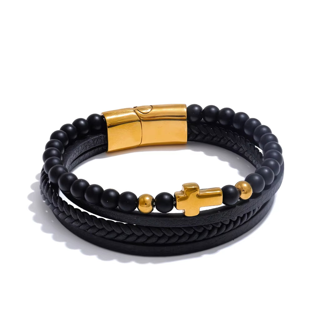 Pulseira Masculina Em Couro Banhada a Ouro 18k