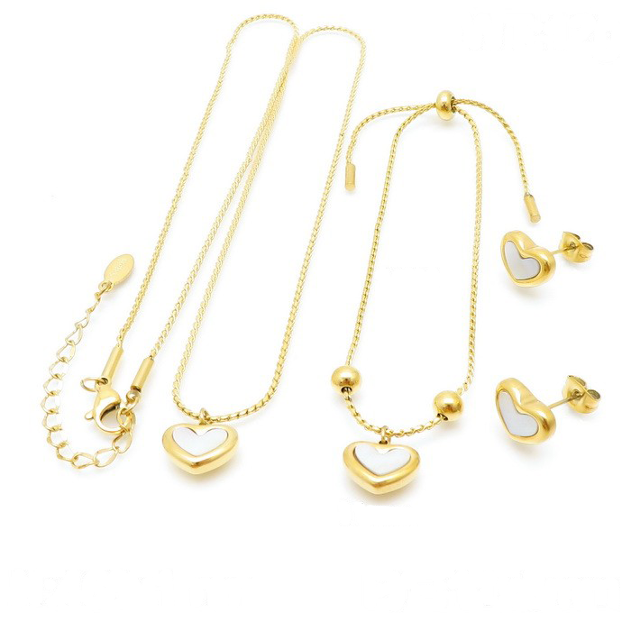 Conjunto De Joias Coração Pérola Banhado em Ouro 18k (Colar, Brinco, Pulseira)